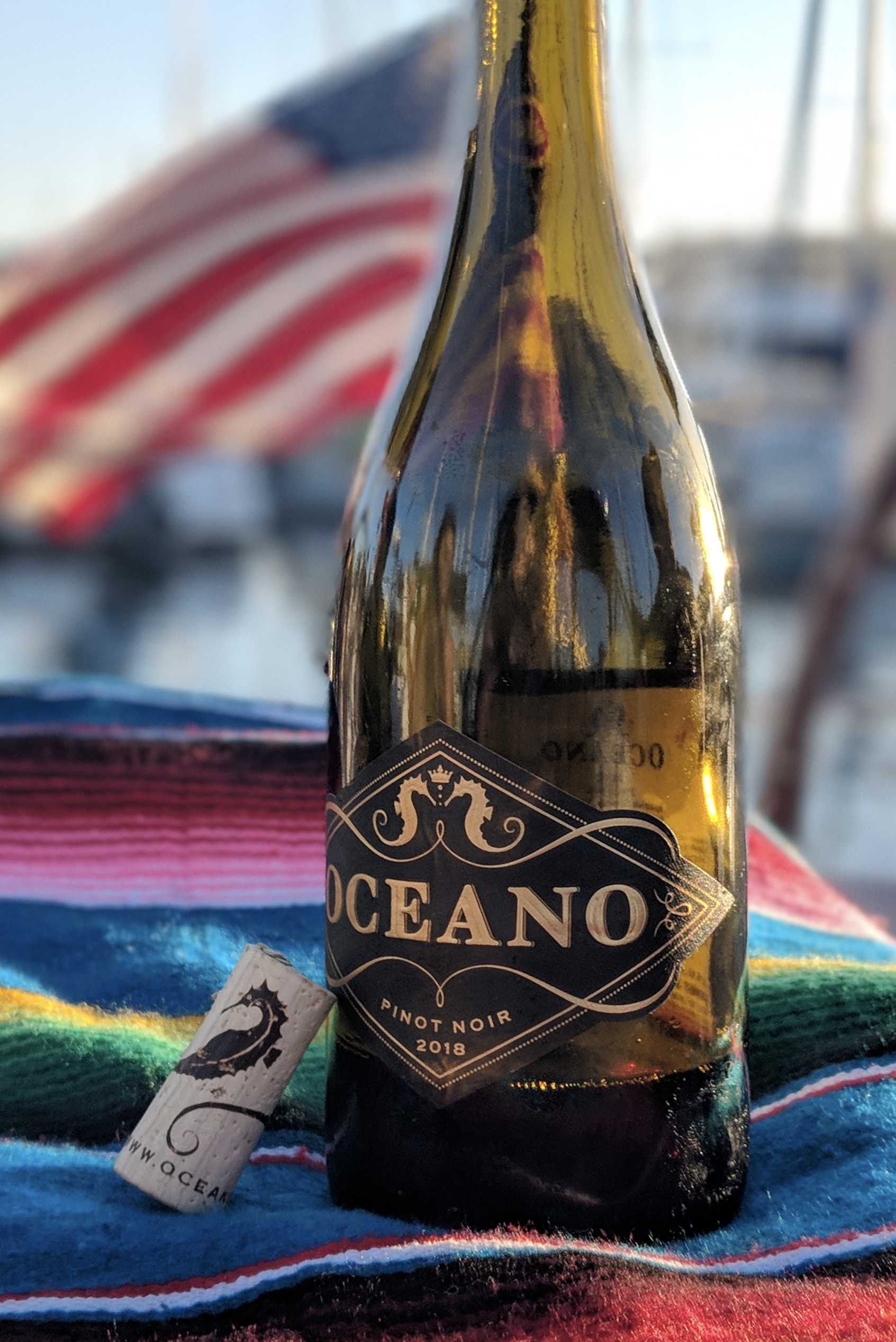 Almost empty bottle of Oceano Pinot Noir with cork leaning against the base