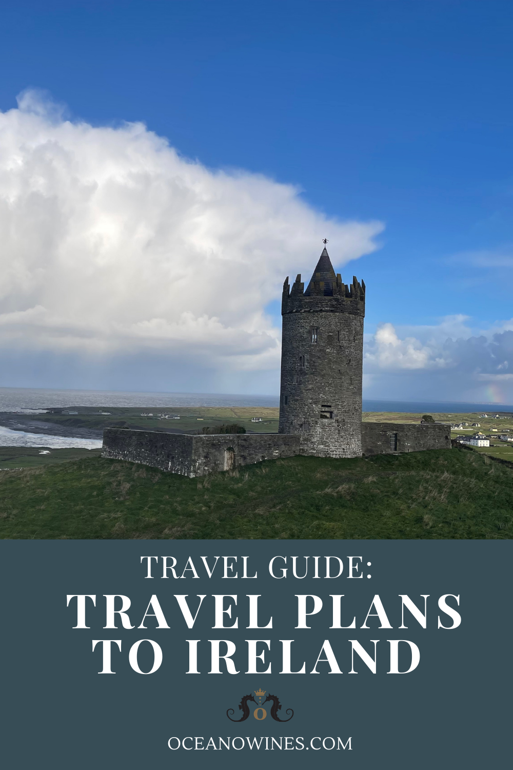 Blog post graphic for "Travel Guide: Travel Plans to Ireland" with image of old castle