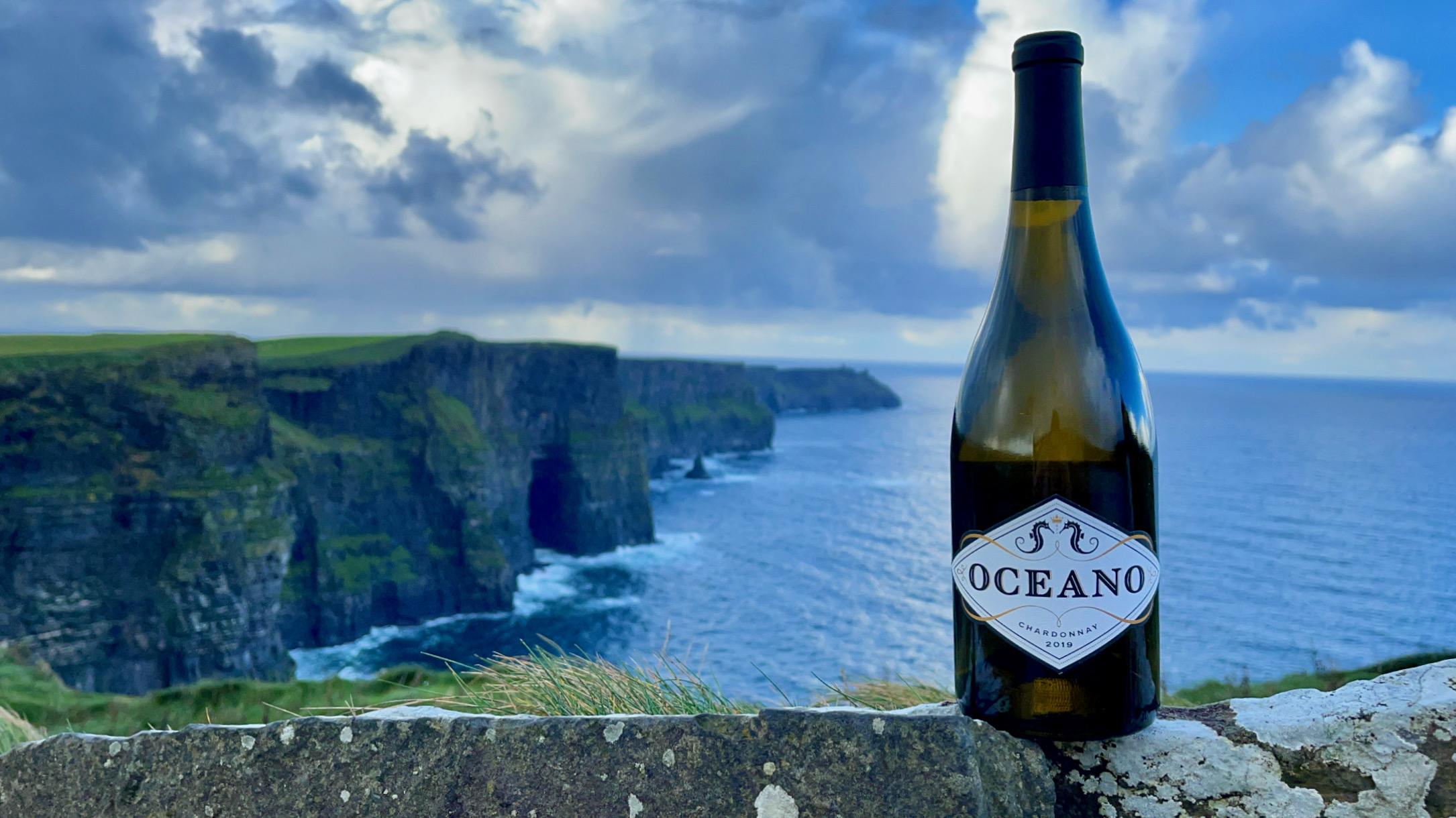 Oceano chardonnay placed on edge overlooking the Cliffs of Moor