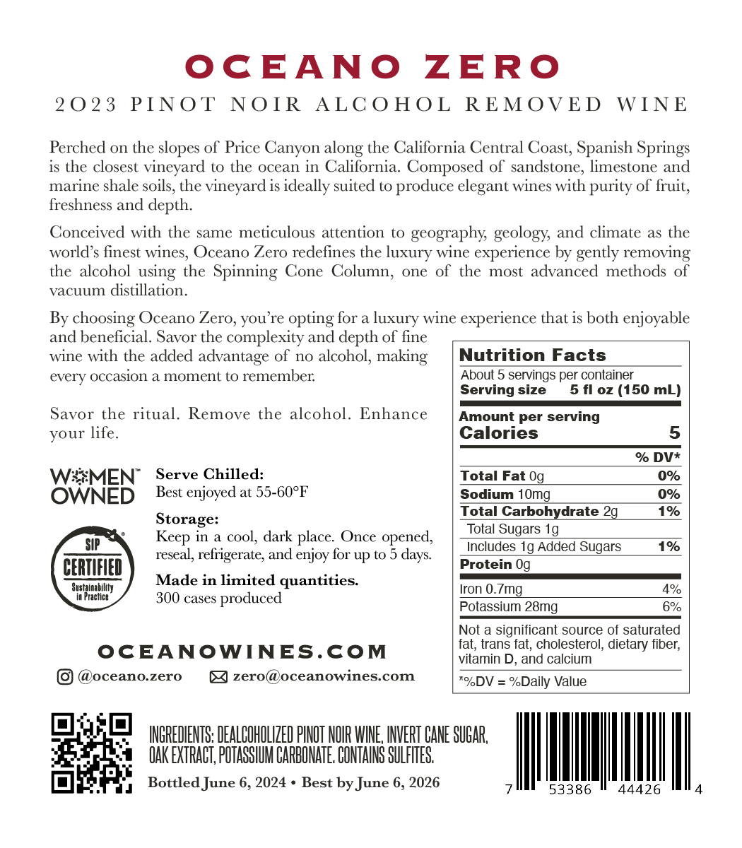 The nutrition facts label for Oceano Zero 2023 Chardonnay, a no alcohol wine from the California central coast.