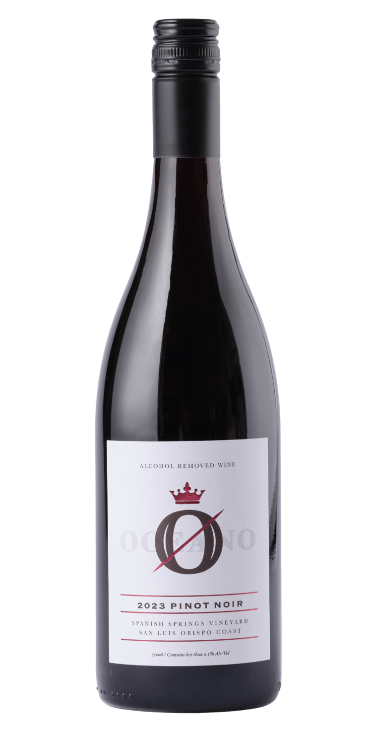 A bottle of Oceano Zero's Pinot Noir, an alcohol free wine from the Spanish Springs Vineyard in California.