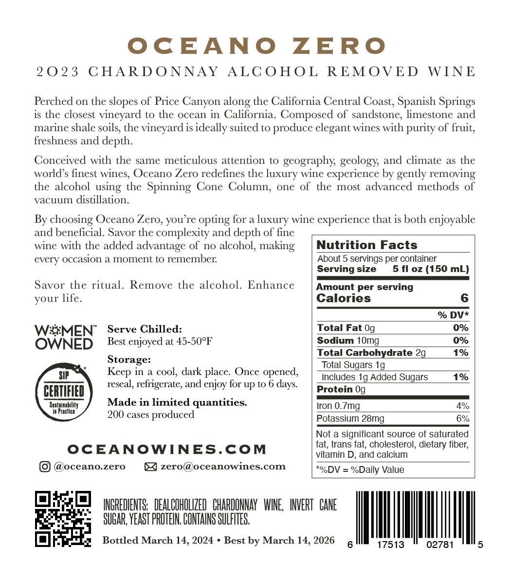 The nutrition facts label for Oceano Zero 2023 Chardonnay, a no alcohol wine from the California central coast.