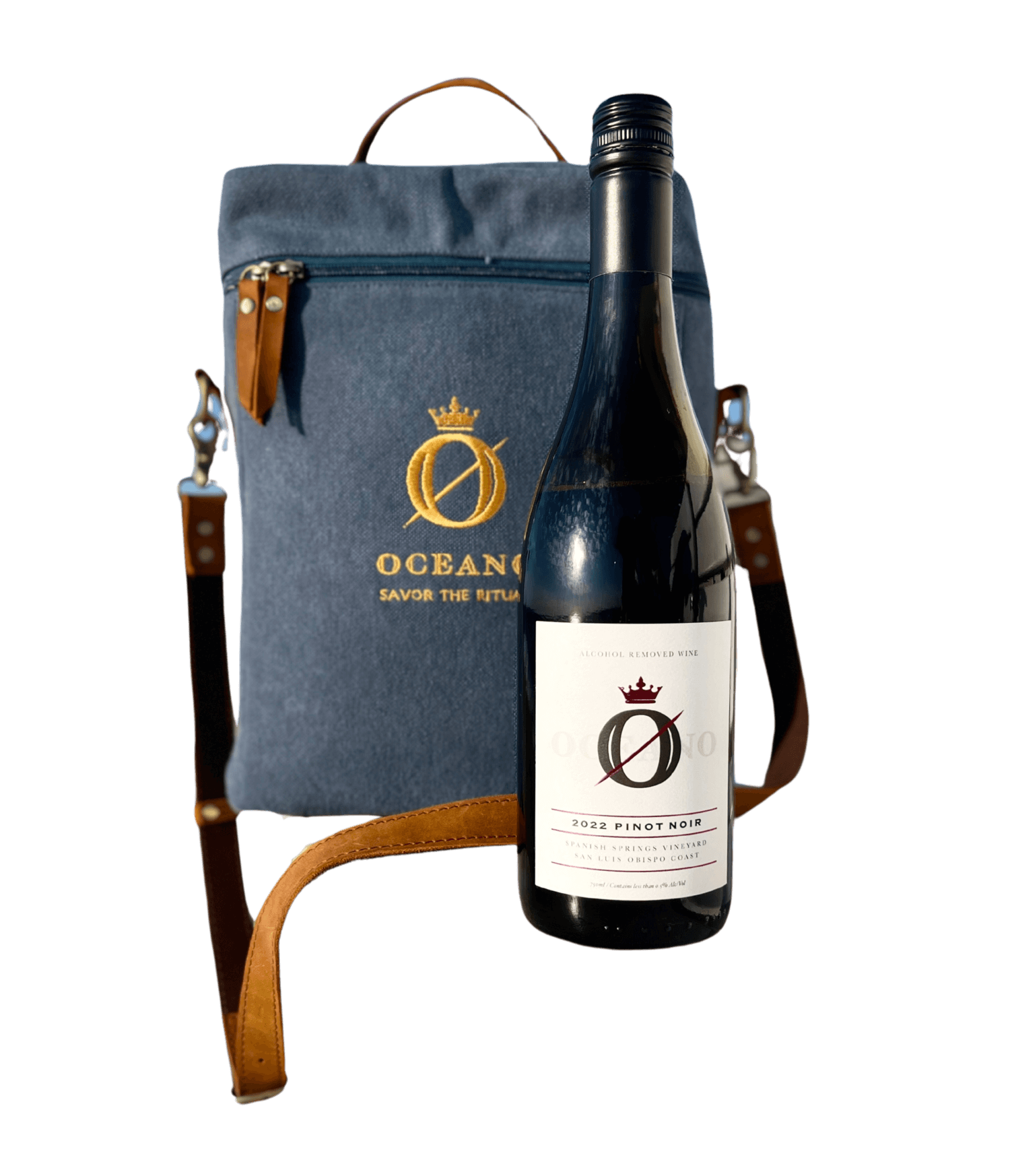 A denim and leather insulated wine tote bag that is big enough for two bottles of wine.