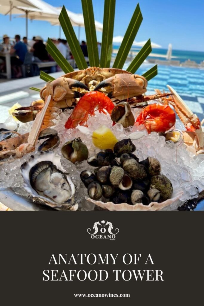 A pinnable blog post graphic for "Anatomy of a Seafood Tower" from Oceano Wines.