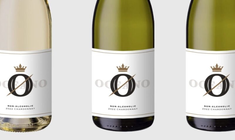 Three bottles of Oceano wine, each a 2022 non-alcoholic Chardonnay from the San Luis Obispo coast.