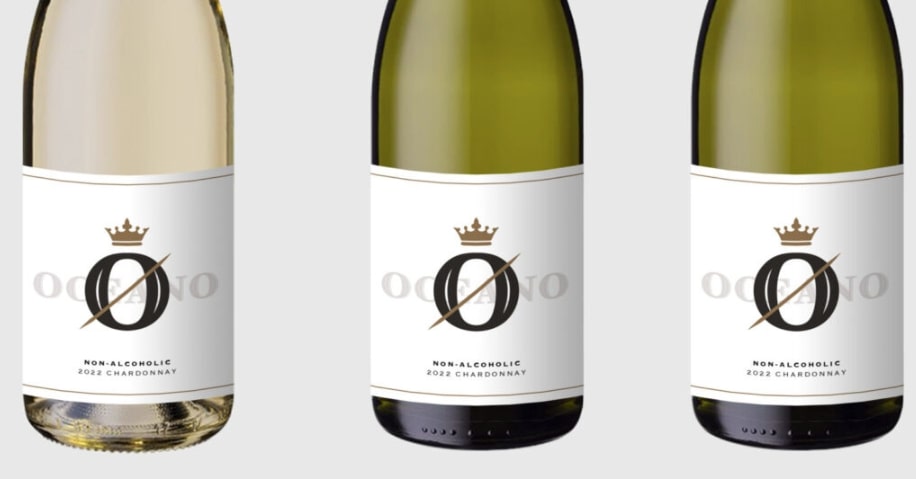 Three bottles of Oceano wine, each a 2022 non-alcoholic Chardonnay from the San Luis Obispo coast.