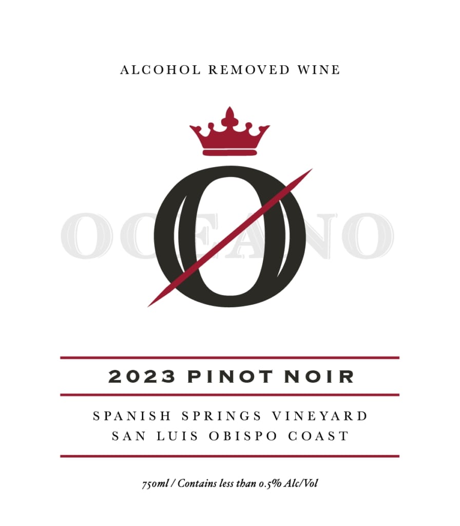 A label for Oceano Wines, a 2023 Pinot Noir with no alcohol, made at the Spanish Springs Vineyard on the San Luis Obispo coast.