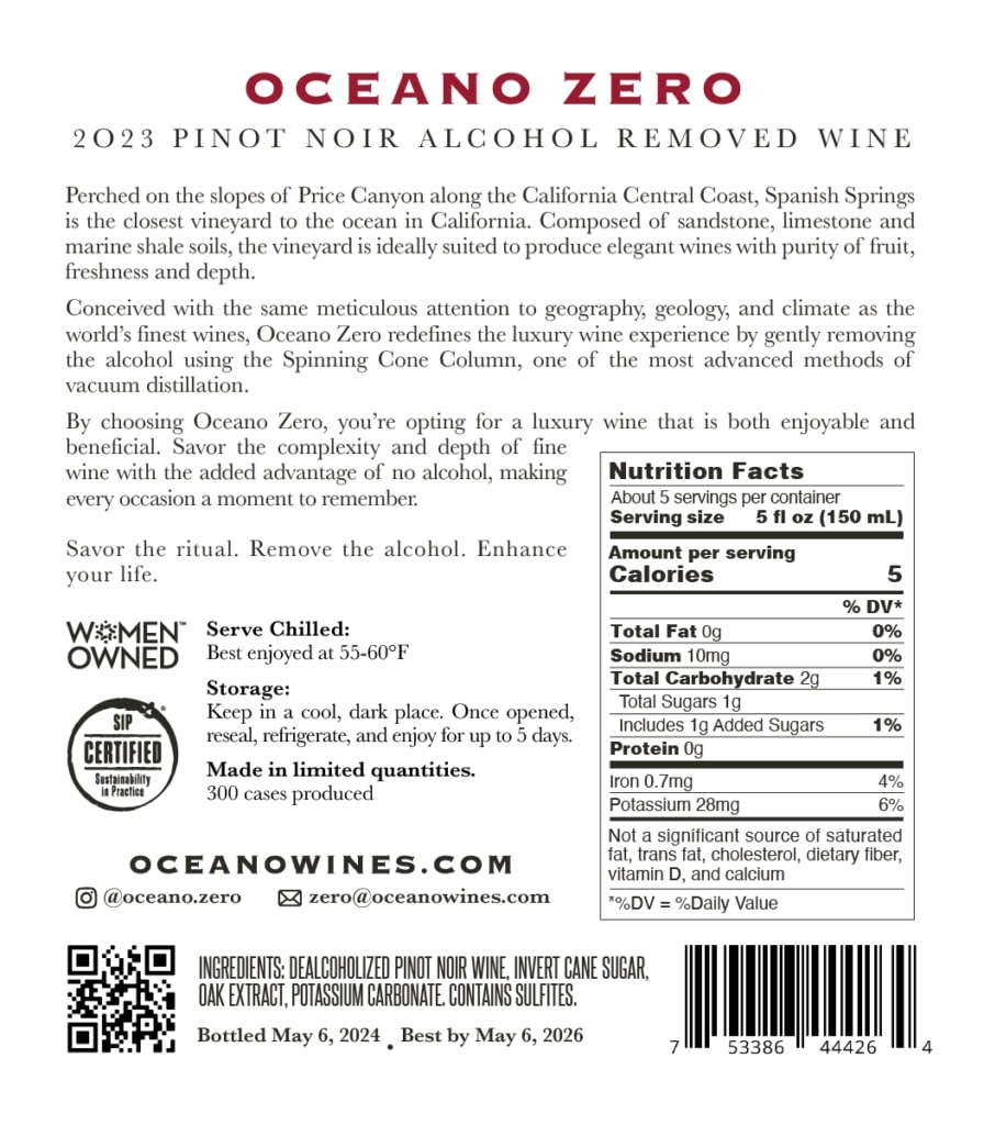 The back of an Oceano Zero Wine label, showing the nutrition facts, barcode, and a QR code to scan for more information.