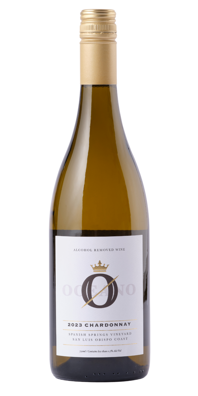 A bottle of Oceano Zero Chardonnay, which is the best non alcoholic wine on the market.