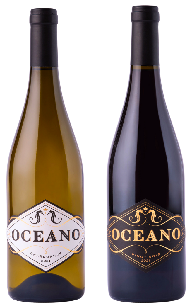 Image of two bottles of 2021 wine standing side by side - a bottle of chardonnay wine and a bottle of pinot noir wine.