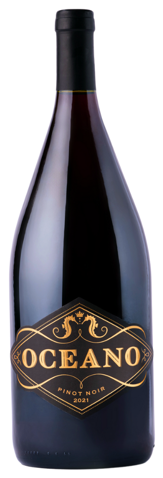 A magnum of wine filled with Oceano's 2021 vintage of Pinot Noir wine.